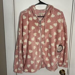Women Plus Size Cozy Soft Faux Fur Dusty Pink Heart Valentine Full Hoodie 1X